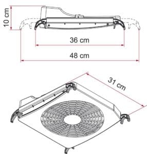 Maatschets van de Fiamma Turbo-Kit ventilator voor een dakluik van 40x40, met de maten erbij
