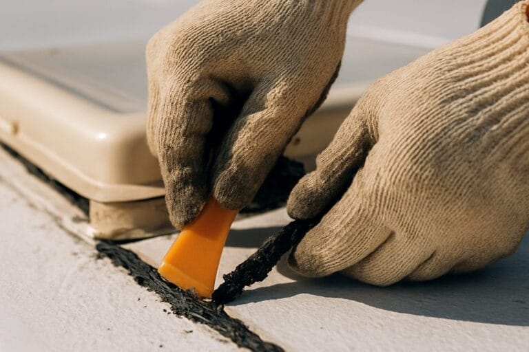 Handen met werkhandschoenen snijden met een plastic spatel de oude kitrand rond een dakluik van een camper weg