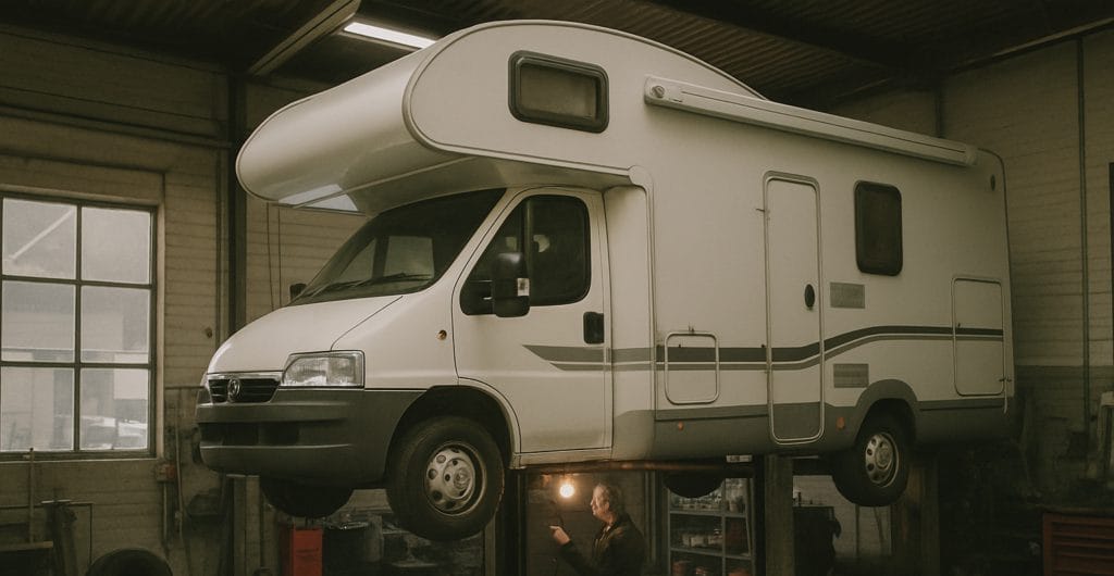 Monteur kijkt onder een camper die op de brug staat in een kleine garage