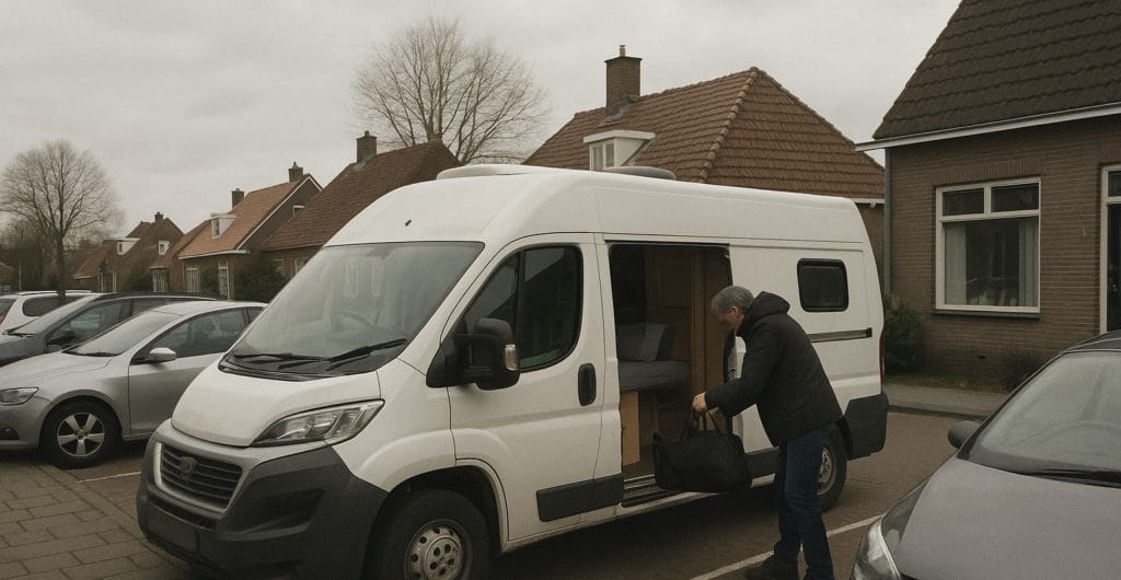Buscamper in een gewoon parkeervak in een dorpsstraat tussen personenauto's, een man pakt een tas uit de schuifdeur