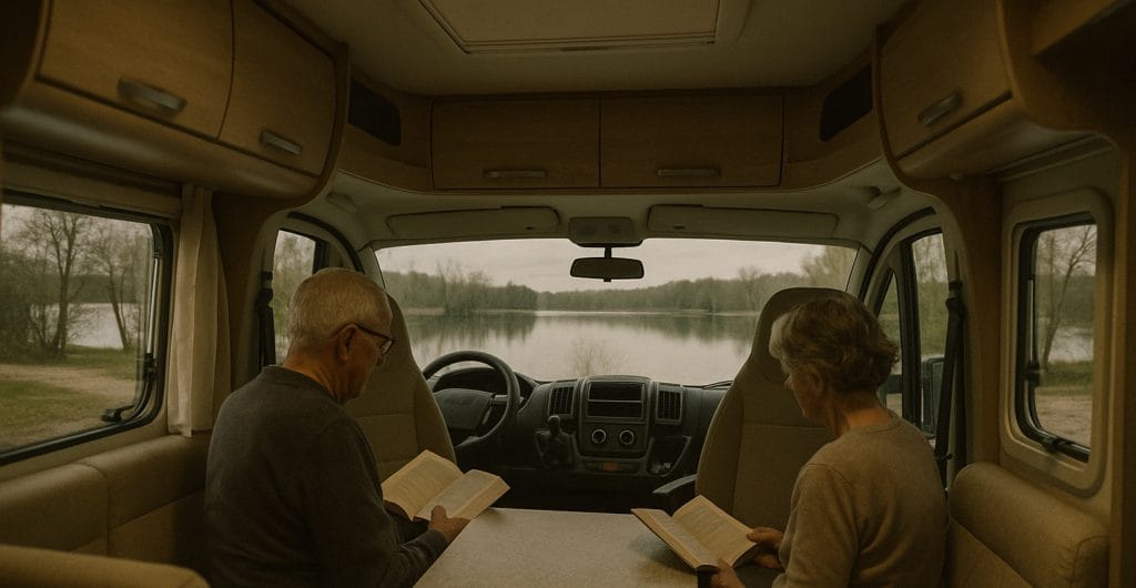 Interieur van een integraal camper met een groot panoramaraam, een ouder stel zit te lezen