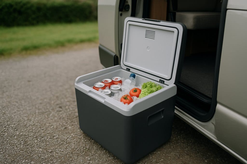 Open koelbox met blikjes, water en groente in de schuifdeur van een camper op een parkeerplaats