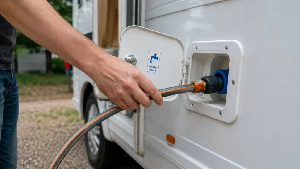 Watertank van een camper vullen; honderd liter is honderd kilo
