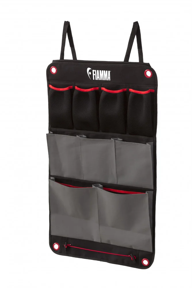 Zwarte Fiamma Pack Organizer S met grijze en rode opbergvakken en ophanglussen