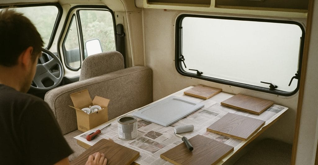 Oude camper die wordt opgeknapt: kastdeurtjes liggen op de tafel, een is al lichtgrijs geverfd, met een verfroller, plakband en een doos ledspots