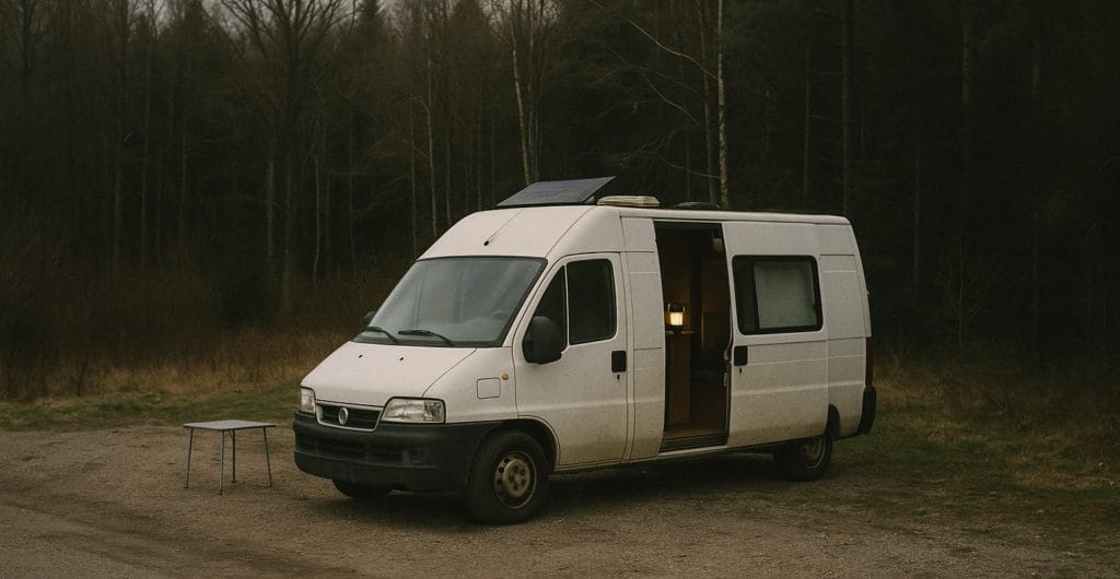 Buscamper met een zonnepaneel op het dak die vrij staat op een grindplek aan de bosrand, met de schuifdeur half open