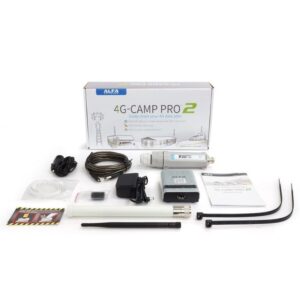Alfa Network 4G Camp-Pro2+ set V2 uitgepakt: Tube-U4G buitenunit, R36-router, antennes, kabels en voeding naast de doos