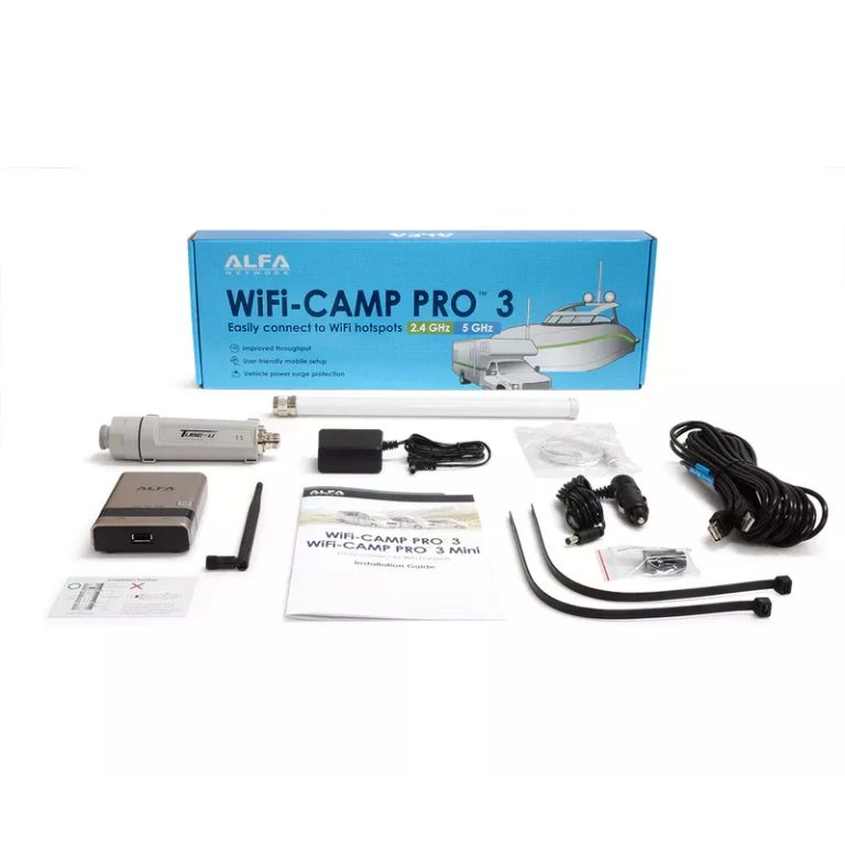 Alfa WiFi-Camp Pro 3 wifi versterker voor de camper: set met buitenunit, router, antenne en bevestigingsmateriaal voor de doos
