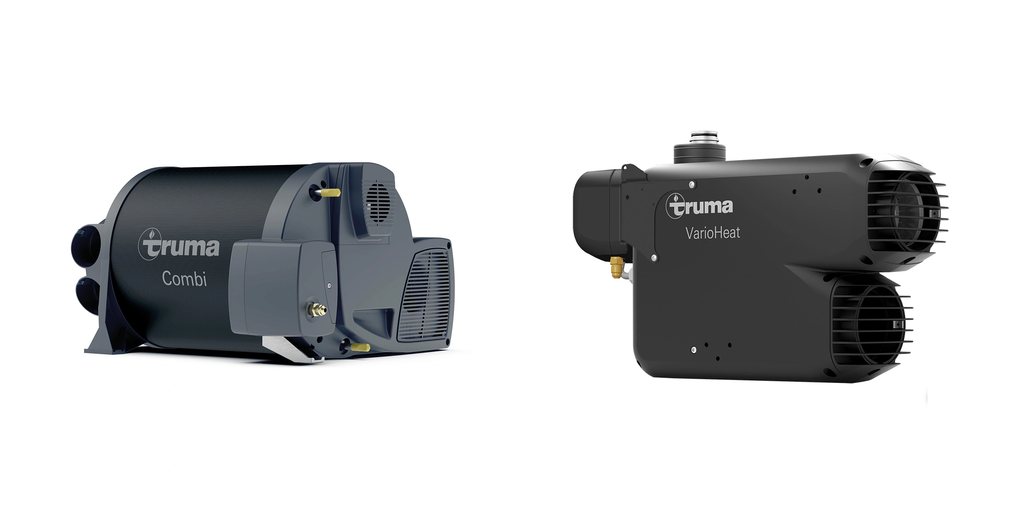 Camper kachel Truma Combi met boiler naast de kleinere Truma VarioHeat warmeluchtkachel