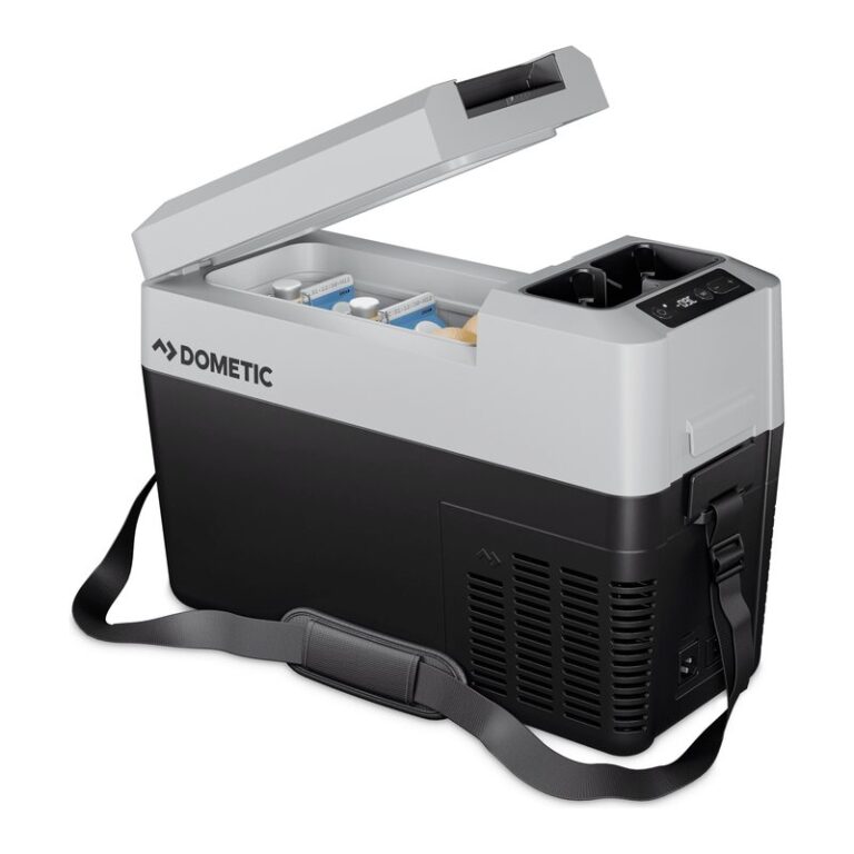 Dometic CFF 12 compressorkoelbox van 13 liter met open deksel en draagriem
