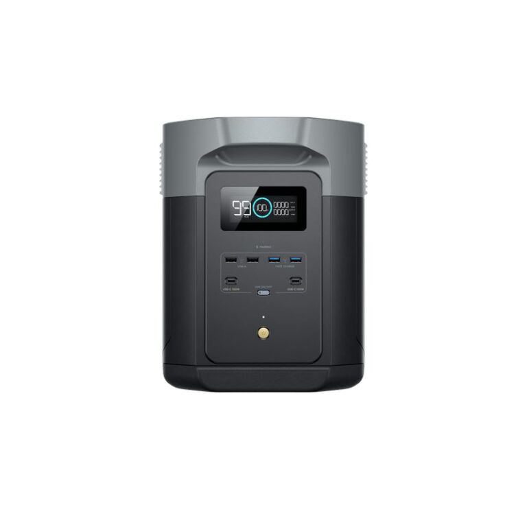 EcoFlow Delta 2 Max powerstation van 2.048 Wh, vooraanzicht met display en aansluitingen