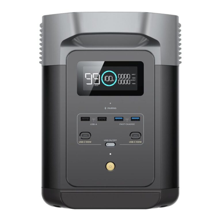 EcoFlow Delta 2 powerstation van 1.024 Wh, vooraanzicht met display en USB-poorten