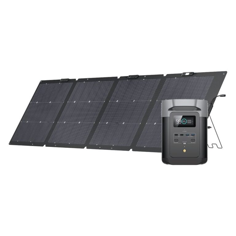 EcoFlow Delta 2 met uitgevouwen bifaciaal zonnepaneel van 220 W