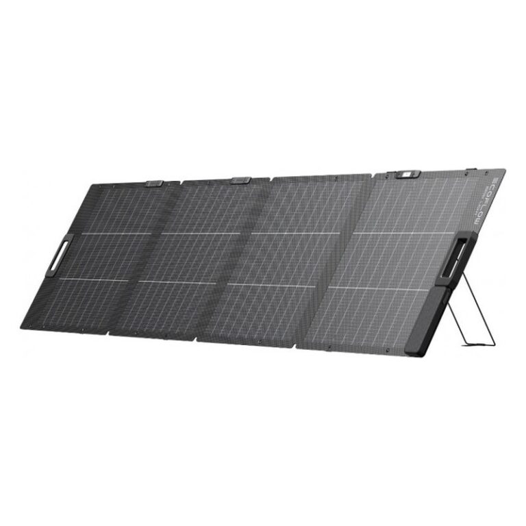 EcoFlow lichtgewicht zonnepaneel van 220 W, uitgevouwen op de standaard