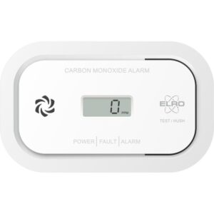 Elro FC5003 koolmonoxidemelder met display dat 0 ppm aangeeft, voor in de camper