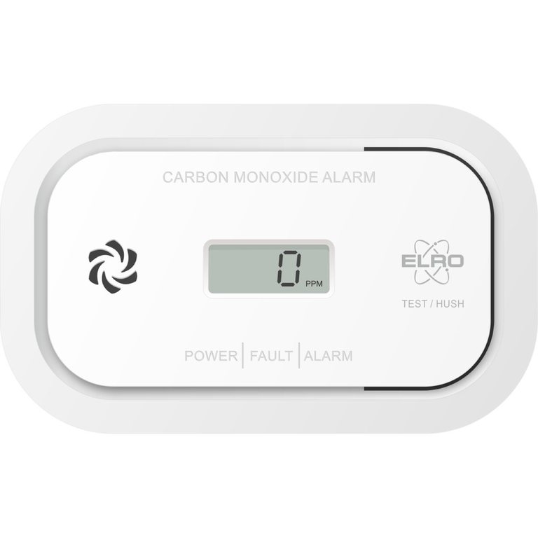 Elro FC5003 koolmonoxidemelder met display dat 0 ppm aangeeft, voor in de camper
