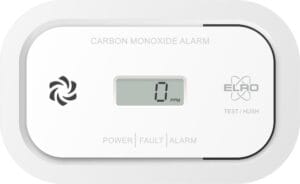 Witte Elro koolmonoxidemelder met display dat 0 ppm aangeeft