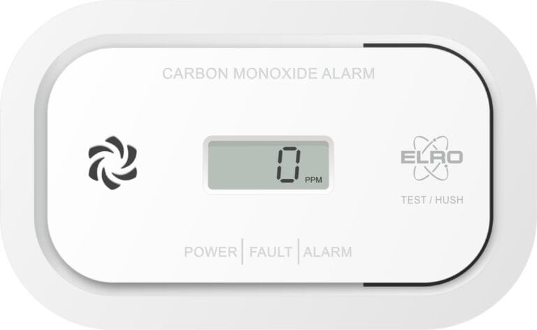Witte Elro koolmonoxidemelder met display dat 0 ppm aangeeft