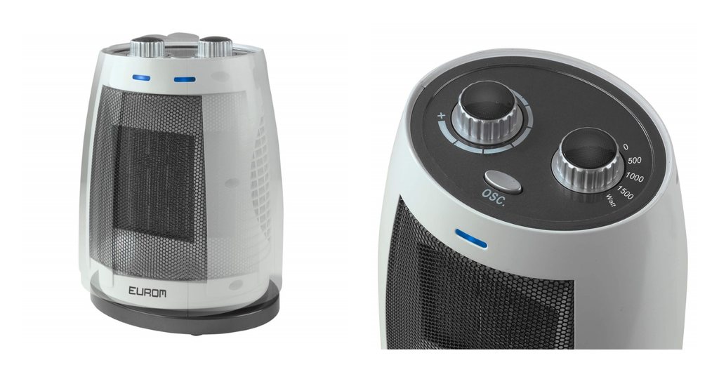 Eurom Safe-T-Heater 1500 voor camper verwarming op de camping, met close-up van de draaiknop met de standen 500, 1000 en 1500 watt