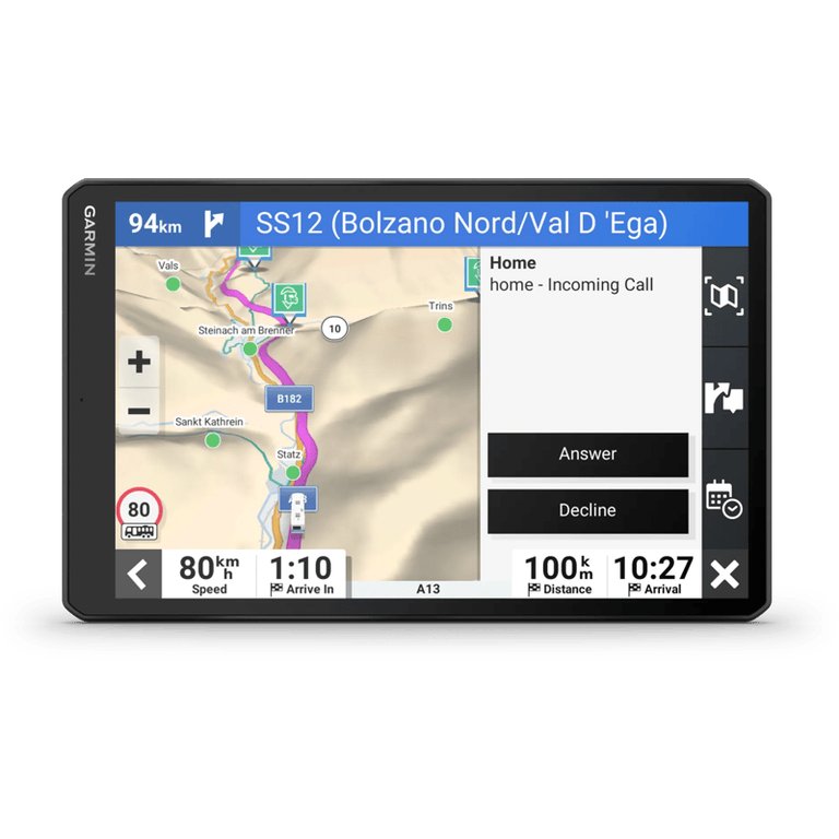 Garmin Camper 1095 campernavigatie met 10-inch scherm, routekaart door de Alpen en inkomend gesprek