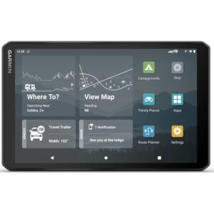 Garmin Camper 895 campernavigatie met 8-inch scherm en het startmenu met Waarheen en Campings