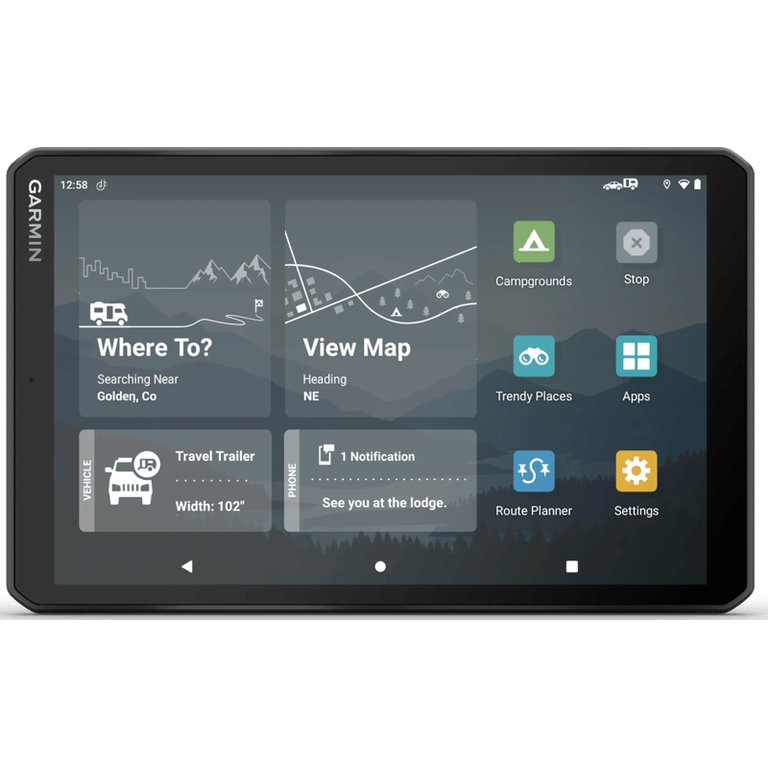 Garmin Camper 895 campernavigatie met 8-inch scherm en het startmenu met Waarheen en Campings