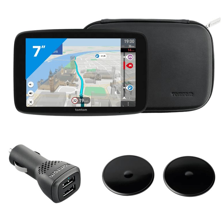 TomTom GO Camper Max premium pack: navigatie met leren beschermtas, dubbele autolader en twee zelfklevende schijven