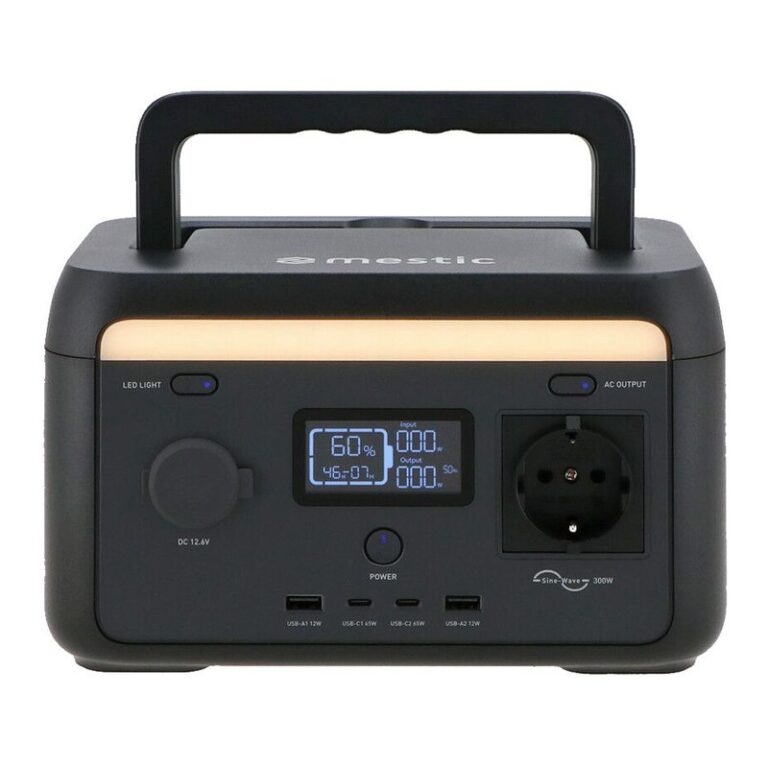Mestic MPS-300 powerstation van 204,8 Wh, vooraanzicht met stopcontact en display