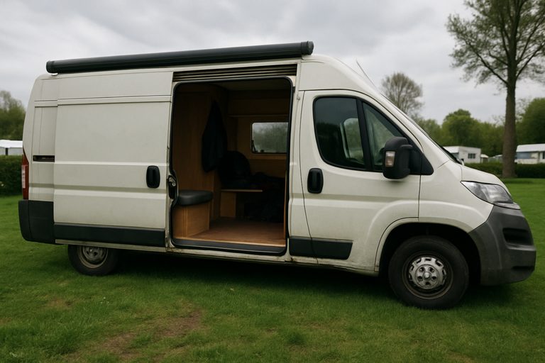 Buscamper op een grasveld met open schuifdeur: de vloer ligt op kniehoogte, de reden voor een opstapje camper