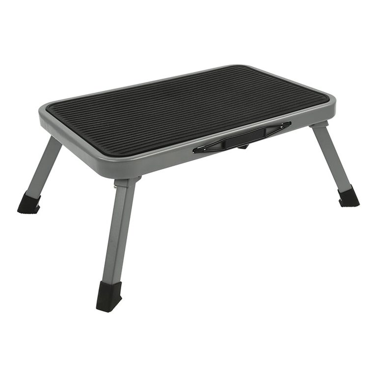 Grijs ProPlus opstapje met 1 trede, een inklapbaar stalen opstapje met antislip bovenblad