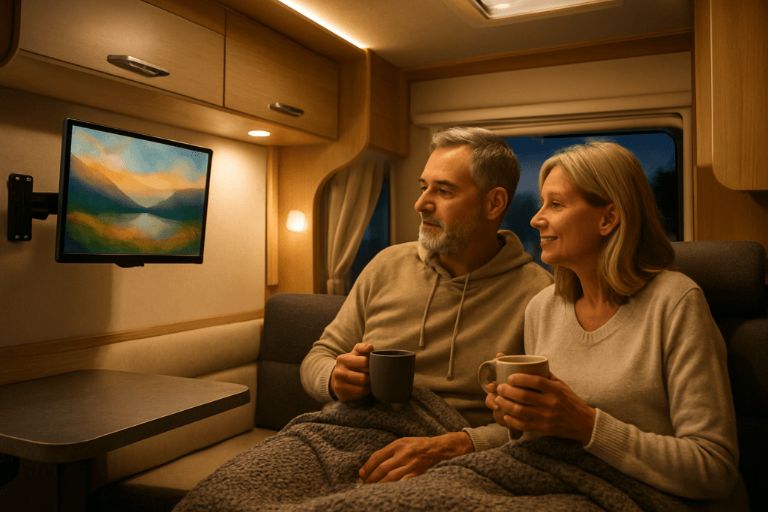 Stel kijkt 's avonds tv in de camper; de tv hangt op een zwenkbeugel boven de dinette