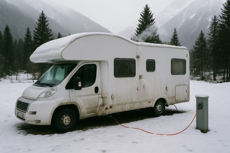 Winter camper op een besneeuwde camping in de bergen, aangesloten op walstroom met een kabel naar de stroompaal