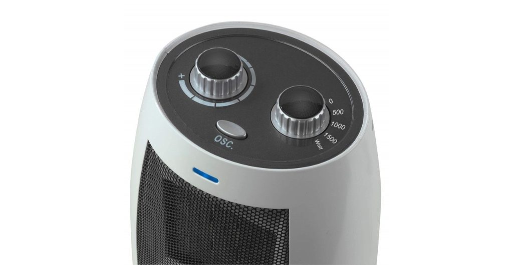 Bovenkant van de Eurom Safe-T-Heater 1500 met de draaiknop voor 500, 1000 en 1500 watt en de zwenkknop