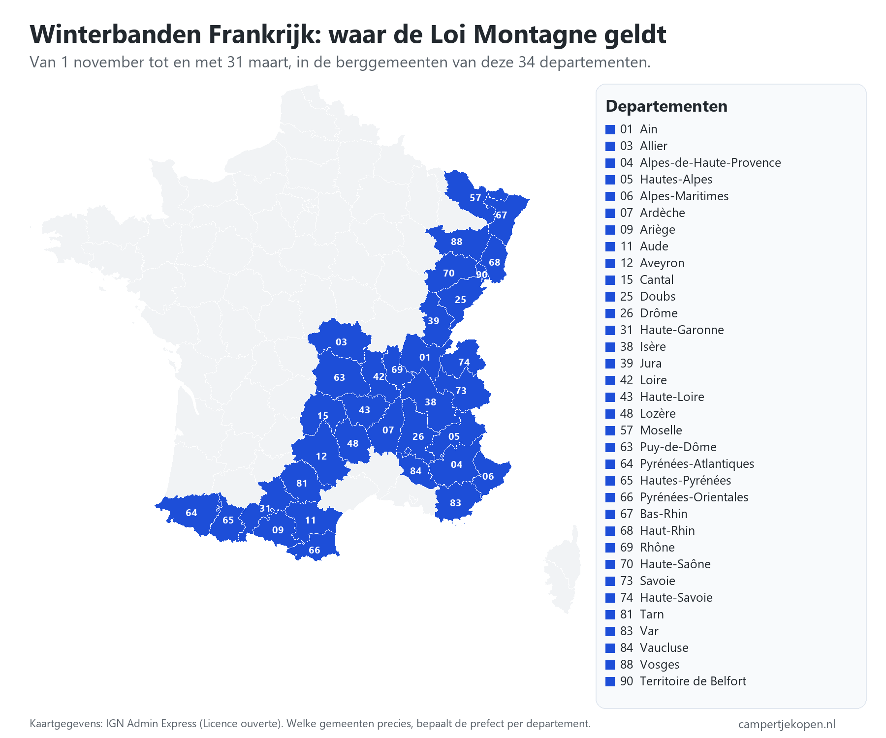 Kaart winterbanden Frankrijk: de 34 departementen waar de Loi Montagne van 1 november tot 31 maart geldt, in de Alpen, de Pyrenee&euml;n, het Centraal Massief, de Jura en de Vogezen